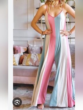 ADORA Colorblock Wide-Leg Jumpsuit in Pink, Blue & Cream